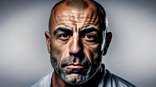 Prompt: color photo of Joe Rogan's face for YouTube channel picture", A distinguished man with a salt and pepper beard, piercing blue eyes, and a chiseled jawline. The environment is dimly lit with a spotlight on his face, drawing attention to his features. The mood is intense and focused with a hint of mischievousness. Shot with a Canon 5D Mark IV using Kodak Portra 800 film with a 50mm lens, the image is sharp and vibrant. Juxtaposed in this scene are directors Martin Scorsese, cinematographer Roger Deakins, photographer Annie Leibovitz, and fashion designer Tom Ford. —c 10 —ar 2:3