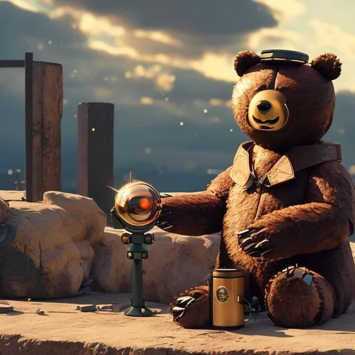 Prompt: sad big lofi robot bear staring at the sun with top hat realistic with fur on bear

