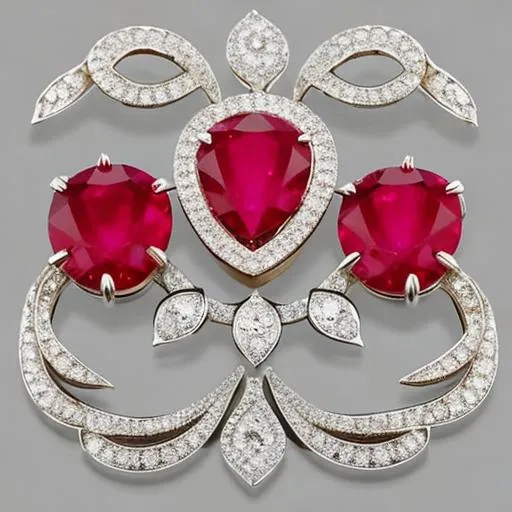 Prompt: Ruby brooch shaped like an apple with a bite out of it set with diamonds