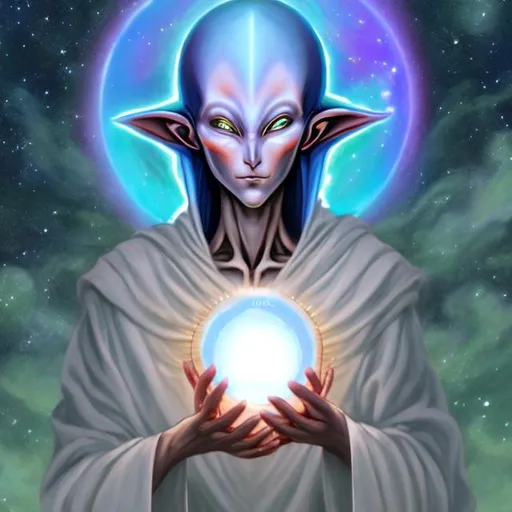 Prompt: androgynous alien guardian of earth etherial soft benevolent holding an orb surrounded by celestial