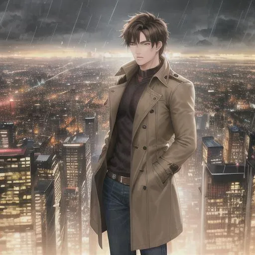 Prompt: Masterpiece, High quality, HDR, Professional, fit man wearing jeans and trench coat with cowboy boots, hunched over, crowd, rain, storm, cold, moody, brown hair, cyberpunk city,