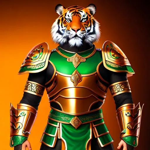 Prompt: A humanoid Tiger wearing green and orange ancient Persian/Roman scale armor, with a green and orange tunic underneath.