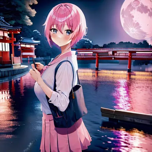 Prompt: Girl with pink hair , night, moon, anime, city, train, landscape photography, rain, blue, rill, japan, spirit away, short hair , noodles , school uniform , blown job