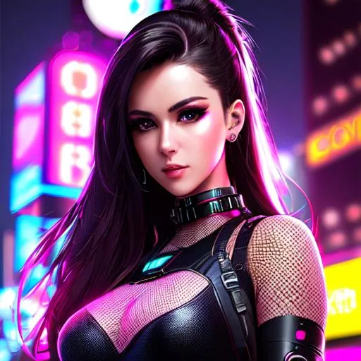Prompt: oil painting, Post Modern Cyberpunk Background with Neon Lights Scattered in Bokeh, UHD, hd , 8k, hyper realism, Very detailed, Cyberpunk Cybernetics enhanced zoomed out view of character, full character visible, brunette female character, she has a guitar Charming and Appealing characters. Cyberpunk themed attires. Wearing fishnet g-string