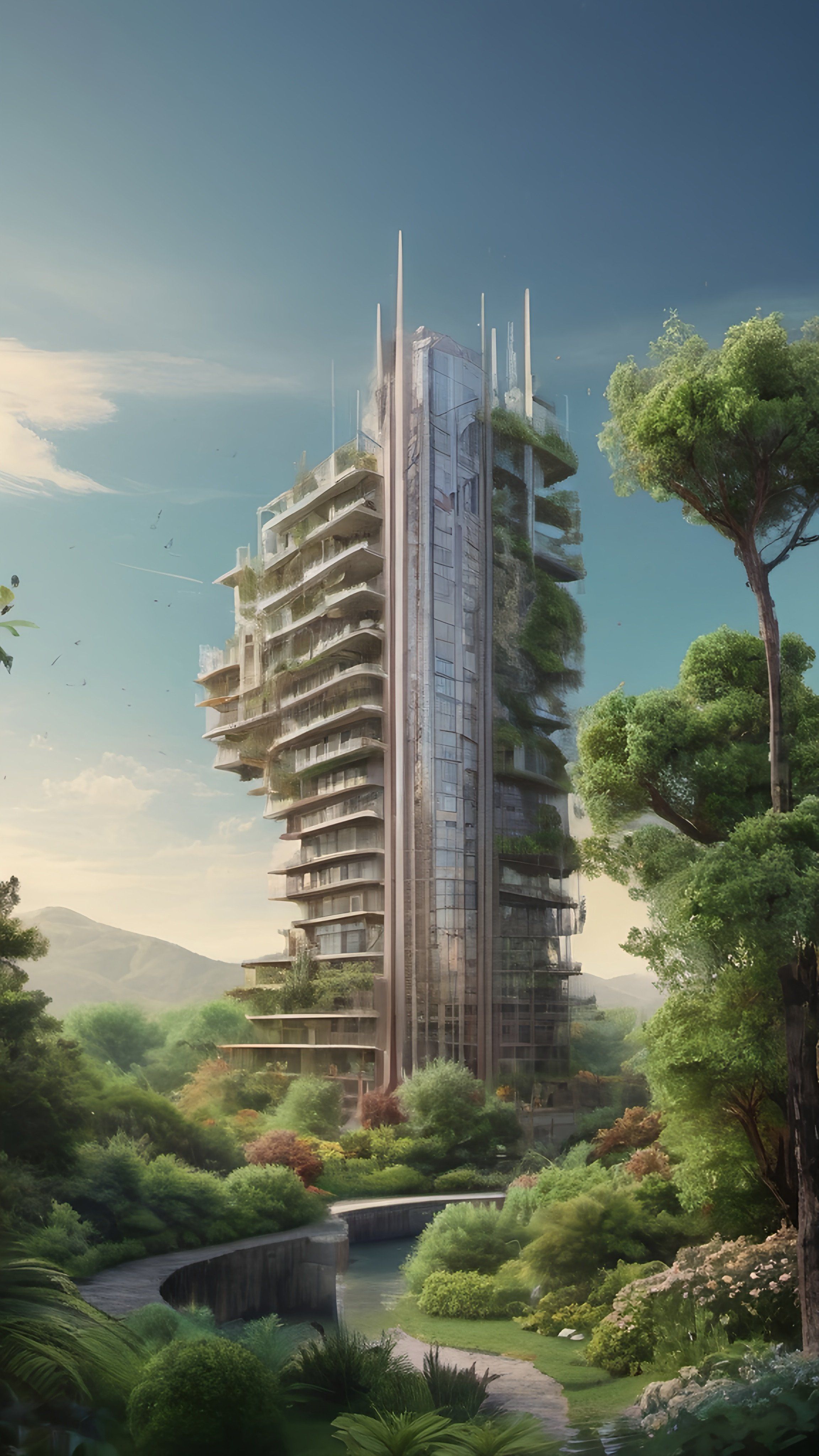 Prompt: a tall building with a lot of trees on top of it in the middle of a forest area with a bridge