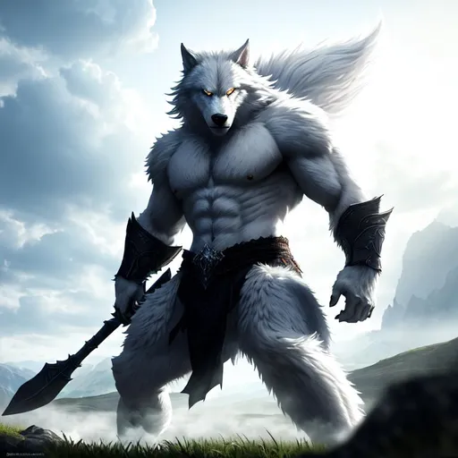 Prompt: landscape, UHD, 8K, highly detailed, panned out view of the character, visible full body, an unnatural grey-skinned menacing white werewolf in a battle stance resembling, transparent background