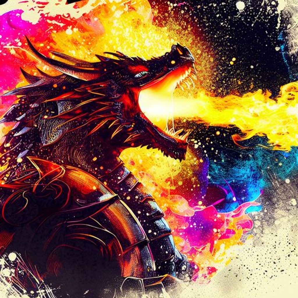 Prompt: Create a dramatic design featuring a fierce dragon breathing out flames. Use intense colors and bold imagery to emphasize the power and intensity of the dragon's breath being sent twords a knight behind a sheild. styled as fantasy artwork, highly detailed, mixed with splatter art sketch, pronounced lines