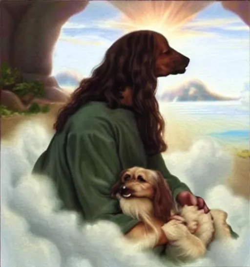 Prompt: Jesus holding Dog in Heaven