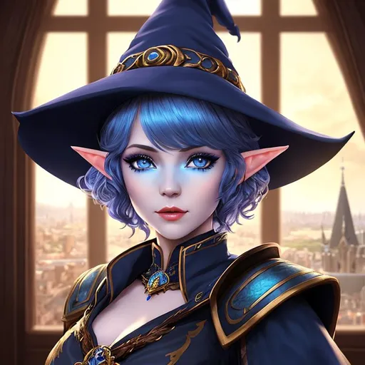 Prompt: half body portrait, female , elf, blue skin, ((blue skin:0.6)), blue pointed ears, detailed face, detailed eyes, full eyelashes, ultra detailed accessories, detailed interior, city background,caplet, witch hat, ((curly hair:0.6)), short hair, bangs, dnd, artwork, dark fantasy, tavern interior, looking outside from a window, inspired by D&D, concept art, night time, ((looking away from viewer:0.9))