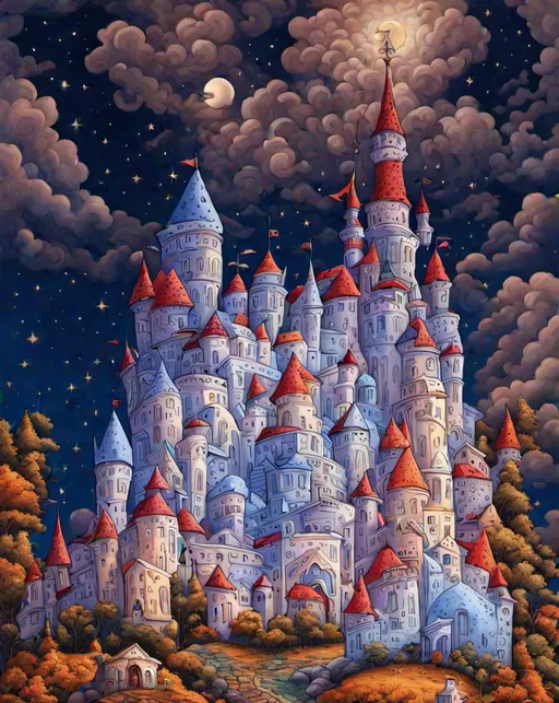 Prompt: A whimsical patchwork of a funny crooked sparkling castle. By Dr Seuss, Tim Burton, Jacek yerka, Catherine Abel, Megan Duncanson,  Joe Fenton. Very detailed, intricate. High quality