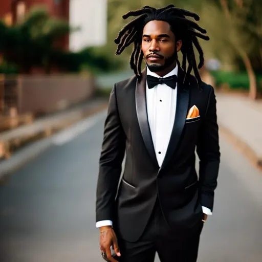 Prompt: Black man wearing a tuxedo with short dreads 