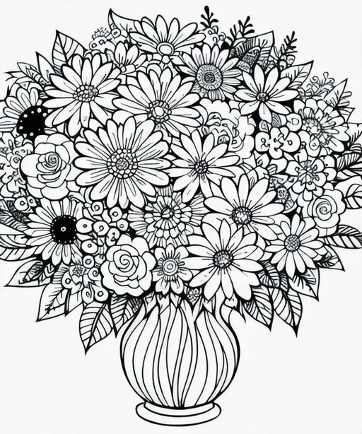 Prompt: black and white floral bouquet, coloring page, black outline only, no background
