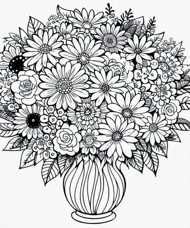 black and white floral bouquet, coloring page, black...