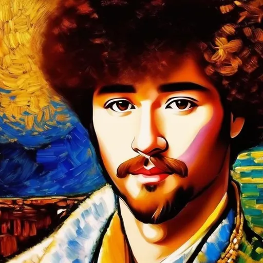 Prompt: A portrait of a man. In Mixed style of Bob Ross, Pablo Picasso, Gustave Klimt, Rembrandt, Hirohiko Araki, Thomas Kinkade.