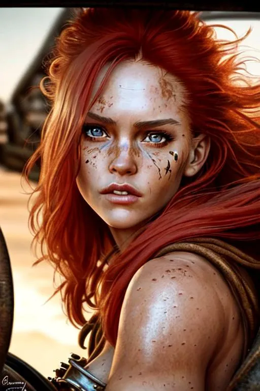 Prompt: ((best quality)), ((masterpiece)), ((realistic)), hd octane render, masterpiece face, intricate hyperdetailed best quality  girl from madmax, cinematic shot, upper body, centered, 80mm lens, perfect angle ,dynamic pose, hyperdetailed madmax car interior, long hair, fluffy , red hair ,madmax styled wear, hyperdetailed, hyperdetailed face, gloss lips, (detailed beautiful blue eyes, detailed mouth and lip, detailed face, expressive), cinematic lighting, volumetric lighting, studio lighting, neon light, global illumination, reflection, neon reflection, soft shadow,depth of field:0. 4, blur, bloom:0. 2), contrast, vivid color, (Detailed, ultra detailed, finest detail, intricate),