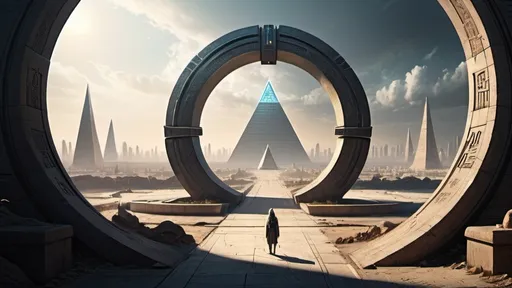 Prompt: small circular portal in the distance, gateway between cities realms worlds kingdoms, ring standing on edge, freestanding ring, hieroglyphs on ring, complete ring, obelisks, pyramids, futuristic towers, large wide-open city plaza, panoramic view, futuristic cyberpunk dystopian setting