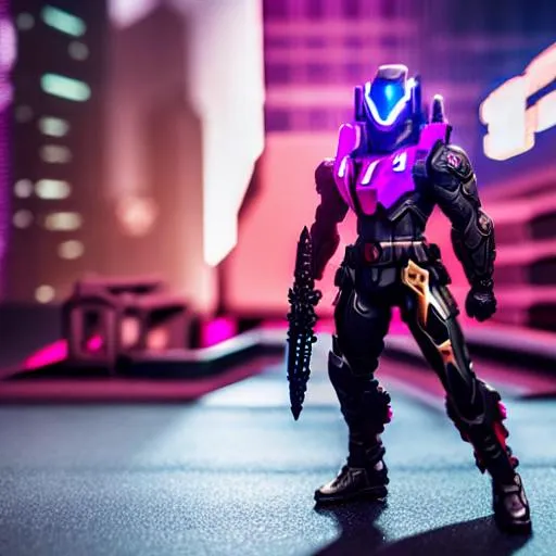 Prompt: Cyberpunk Red Maverick Hunter battle stance with a purple sword in low poly, highly detailed, intricate, fantasy, sharp focus, elegant, Centered, Full shot