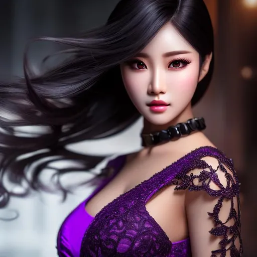 Prompt: 4k high resolution cgi anime, hyper-realistic, full length portrait, Korean female, muscular build, harsh lighting, intricate dark purple hair, intricate soft face, intricate black dress, purple high heels
