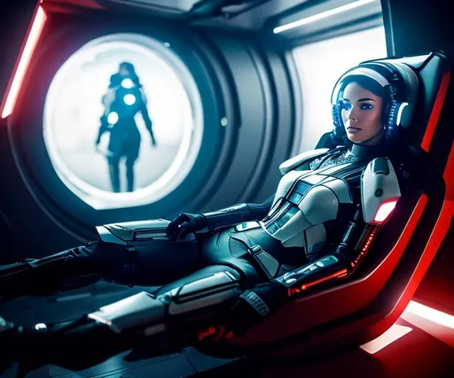 Prompt: a spaceship cyborg pilot in a transparent suit, laying down in a chair, in a cyberpunk setting, cyborg, implants, high details, realistic , professionally colour graded, photorealism, 8k, grim dark lighting, art by the Caravage