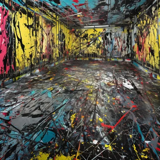 Prompt: Jackson Pollock's studio. D Bursts of color all over the walls and windows. hyperdetailed acrylic art action painting contrasting colors