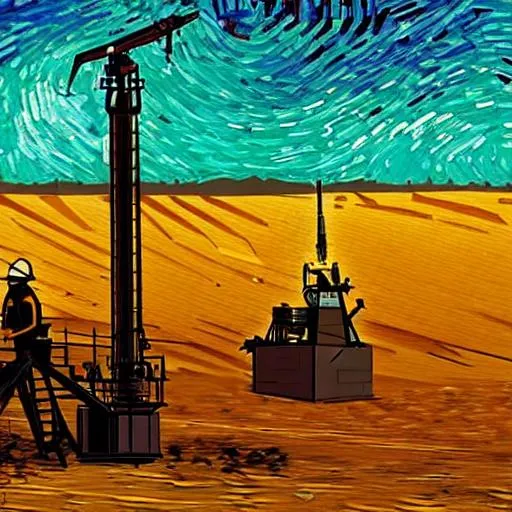 Prompt: generate an illustration of a drilling engineer, drilling an oil well in the desert in a Van Gogh style