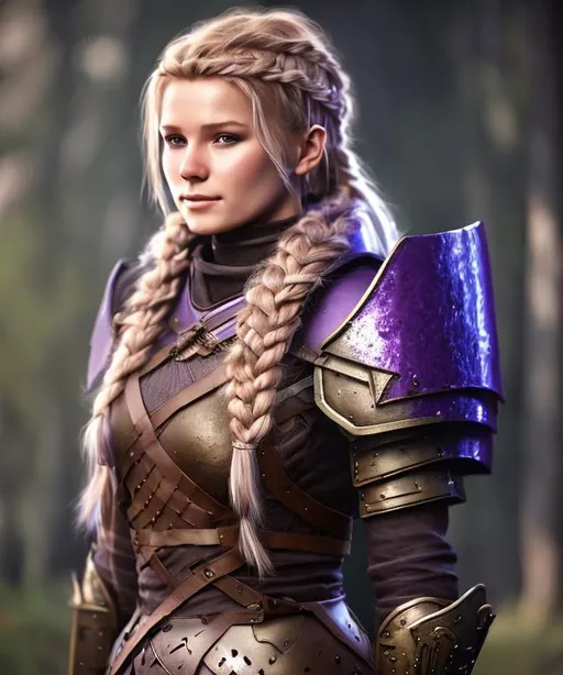 Prompt: Digital art, 20-year-old woman viking, dark purple hair, a single braid draping down the side of her right shoulder, black gear, gold armor, unreal engine 8k octane, 3d lighting, full body, full armor