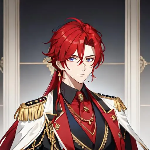 Prompt: Zerif 1male (Red side-swept hair covering his right eye) wearing a royal suit