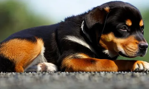 Prompt: Makoto shinkai anime style, vivid colours, HDR, Rottweiler puppy, sleeping,