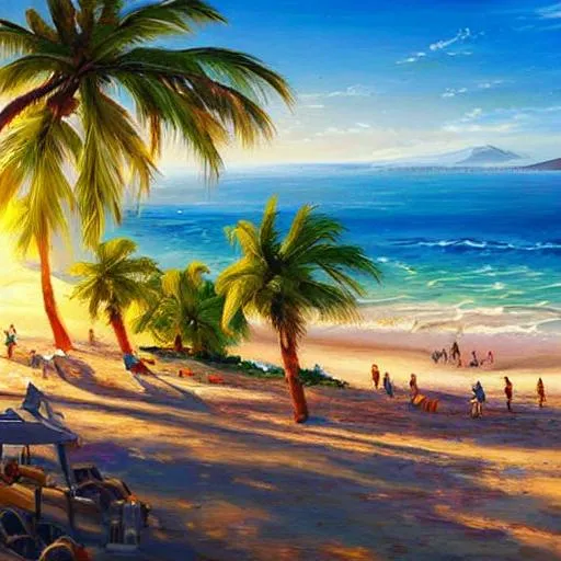Prompt: a beautiful oil painting of a view of gorgeous populated beach with the sun shining brightly, D&D, fantasy, highly detailed, digital painting, artstation, smooth, sharp focus, illustration, art  4K 8K