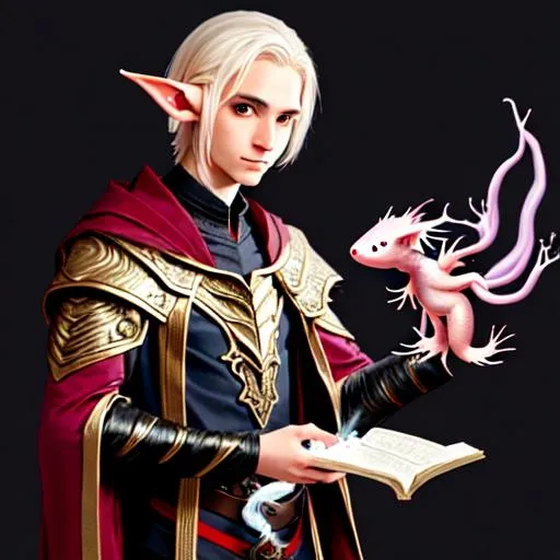 Prompt: nice male elegant elf wizard with cute axolotl pet, realistic, hd, masterpiece