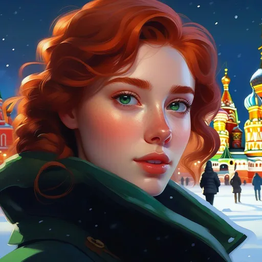 Prompt: Third person, gameplay, Russian girl, pale skin, freckles, curly ginger hair, green eyes, 2020s, smartphone, Moscow, Red Square at night, snow, blue atmosphere, cartoony style, extremely detailed painting by Greg Rutkowski and by Henry Justice Ford and by Steve Henderson 