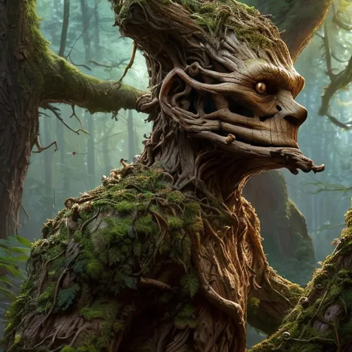 Prompt: Ent wooden man, in the forest, ultra-detailed textures, by Marcus Whinney, by Johan Grenier, by Justin Gerard, by Kimberley King, depth of field, ray-tracing reflections, digital painting, concept art, sharp focus, crispy quality, volumetric lighting, zbrush central, trending on artstation