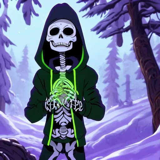 Prompt: A slim 5'9 skeleton with glowing white eyes and wearing a purple and green hoodie with a gold heart locket pendent smiling in a snowy forest animated undertale