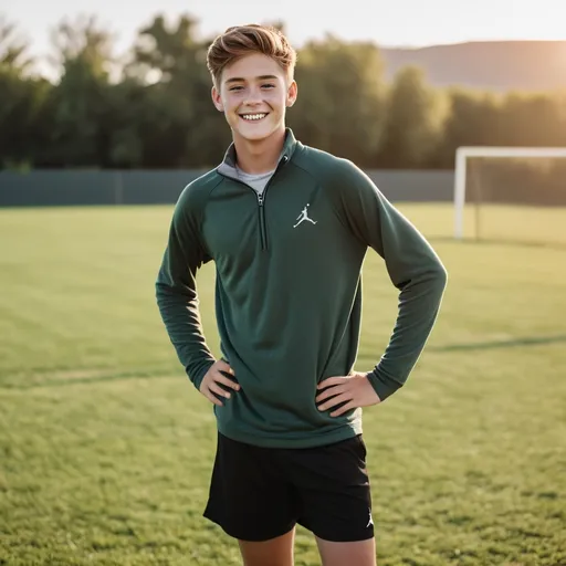 Prompt: Medium shot photo of an attractive teenage boy, age 15, wearing Vuori workout shorts, a long sleeve athletic quarter zip pullover, and Jordan 4 shoes with quarter length socks, ambient lighting outside with bright sunlight in an athletic complex surrounded by green fields used for football, baseball and soccer. He's smiling and looking fresh, like he just completed a fun workout. 