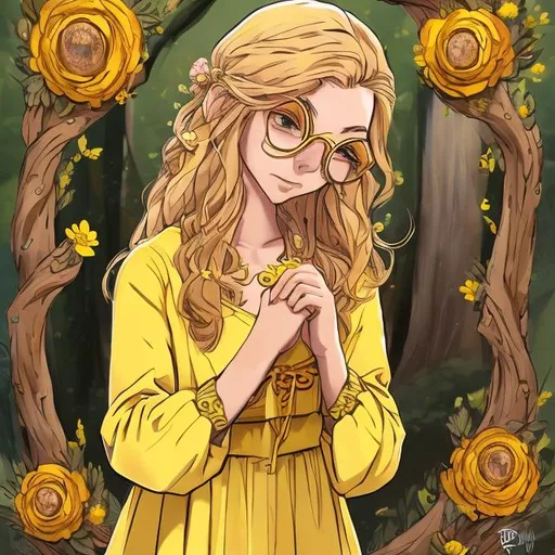 Prompt: con estilo de dibujo de hora de aventura, una con cabello rizado, rubia y castaño, con un aro dorado en la nariz, usando gafas, con un vestido y sosteniendo un ramo de flores amarillas