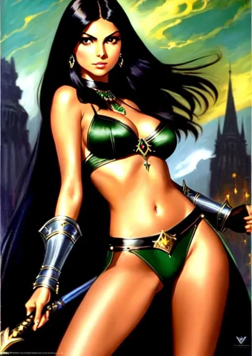 Prompt: Mix victoria justice and Morena Baccarin, black long hair, dark skin, frank frazetta style art, medieval, shining silver bikini armor, eyes green, hair black, gold jewelry, best quality, green jewels, dagger in both hands, fighting skeletons, black sky