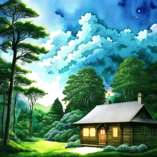 Prompt: scenery, anime key moment, studio ghibli, watercolor masterpiece, 

beautiful breathtaking watercolor anime masterpiece styled studio ghibli, witches cabin in a clearing near trees, overgrown with a candle lit in the window,

fantasy, adventure, in a clearing near trees, twilight, evenings, highly detailed lighting, hyper detailed shadows,
