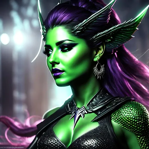 Prompt: High-resolution hyperrealistic image of shiar-cal'syee-neramani-deathbird merged with skrull-empress-veranke, green skin, pointed ears, feathered hair, marvel-comics, photorealistic, uhd, hdr, 64k