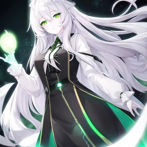 Prompt: female ghost (long white hair, slightly pale skin, glowing green eyes), UHD, 8K, 
