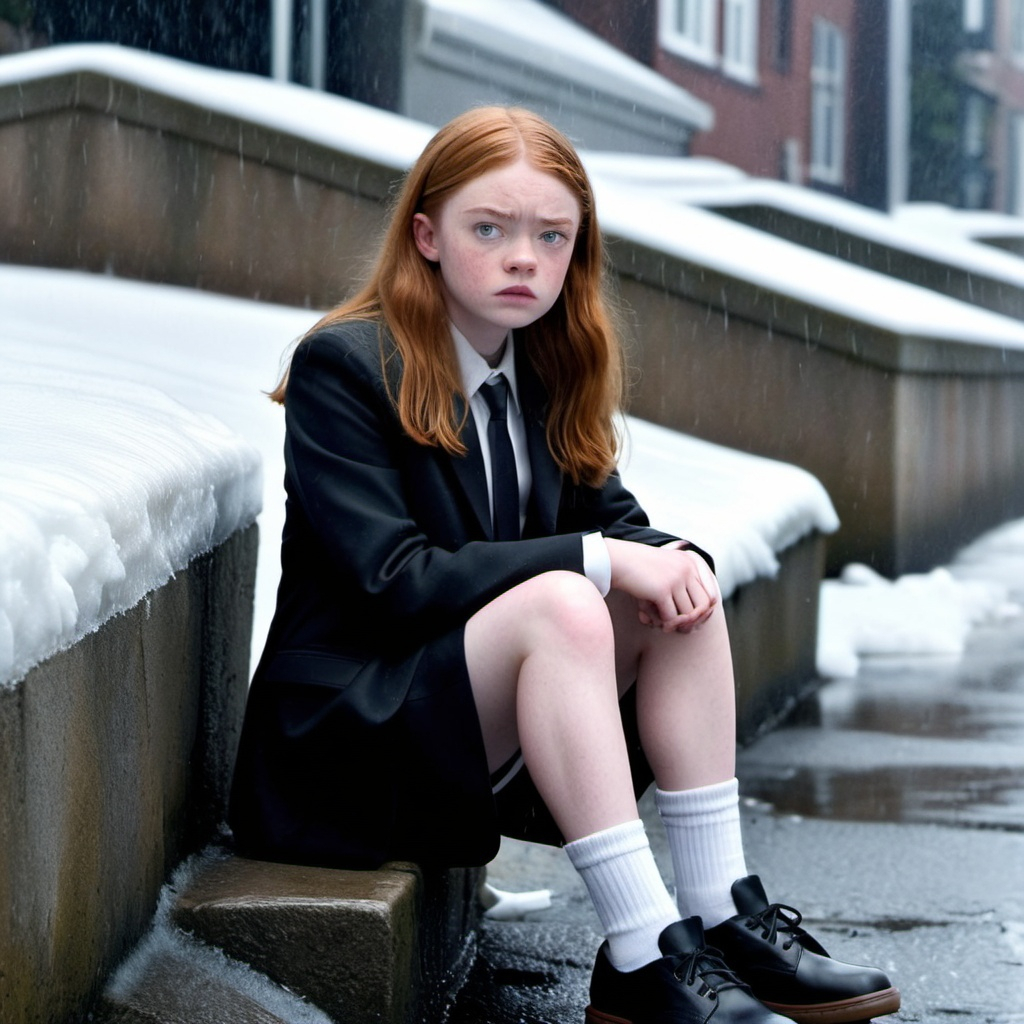 Sadie Sink is a brunette schoolgirl with bare legs w... | OpenArt