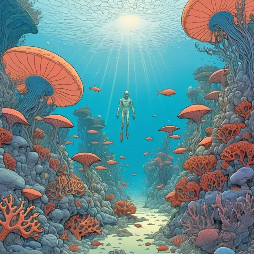 Prompt: Illustration in style of Moebius, Jean Giraud, alien ocean underwater, with lots of corals