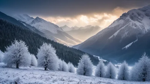 Prompt: Winter snowfall in a mountainous landscape. Foreground interest, awthetic and epic background, Rebirth and renewal theme, Focus stacking, Advanced lighting, UHD