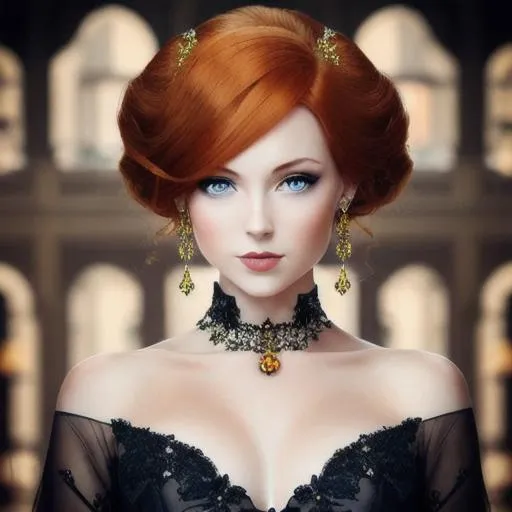 Prompt: Elegant lady with ginger hair and amber eyes