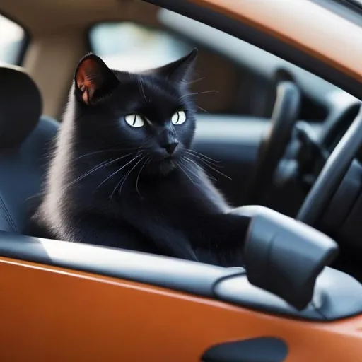 Prompt: a black cat driving a car