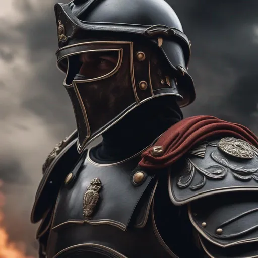 Prompt: A modern roman military male in black military armor galea helmet of roman armor, and gas mask, background war battle, Hyperrealistic, sharp focus, Professional, UHD, HDR, 8K, Render, electronic, dramatic, vivid, pressure, stress, nervous vibe, loud, tension, traumatic, dark, cataclysmic, violent, fighting, Epic
