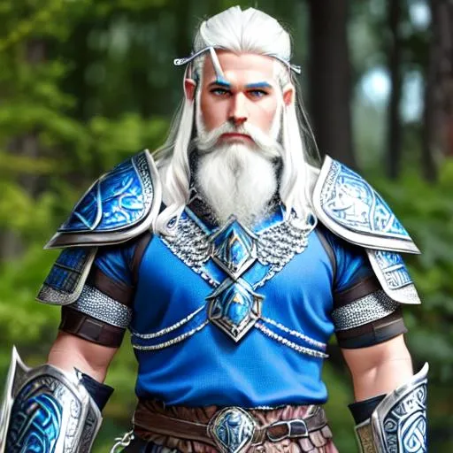 Prompt: An Elven barbarian wearing blue and silver Viking/Roman style chain mail armor with a white and blue tunic, with blue skin from Argyria. white hair, green eyes, long white viking beard.