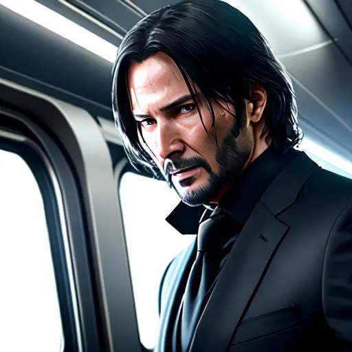 Prompt: hyperdetailed character illustration in 8k UHD of John wick. hyperdetailed. A tense action sequence between Gil Bok-soon and John Wick in a high-speed bullet train. ultra realistic, The lighting should be dim, with the train's fast movement creating a blur effect. The scene should be intricate and highly detailed, 8K, digital art, unreal engine 5, with an art style similar to Frank Frazetta and Simon Bisley