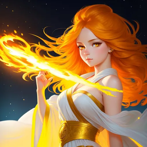 Prompt: splash art of a cute halfling girl, with light skin, golden eyes, yellow eyes, yellow eyes, red hair, fire hair, in the style of an oil painting, bright  colors, dreamy, white  robe, white gown, white dress, magic eyes, by Ilya Kuvshinov and Alphonse Mucha, black , white,black and white, dreamy, in a dynamic pose, soft light, in watercolor style,