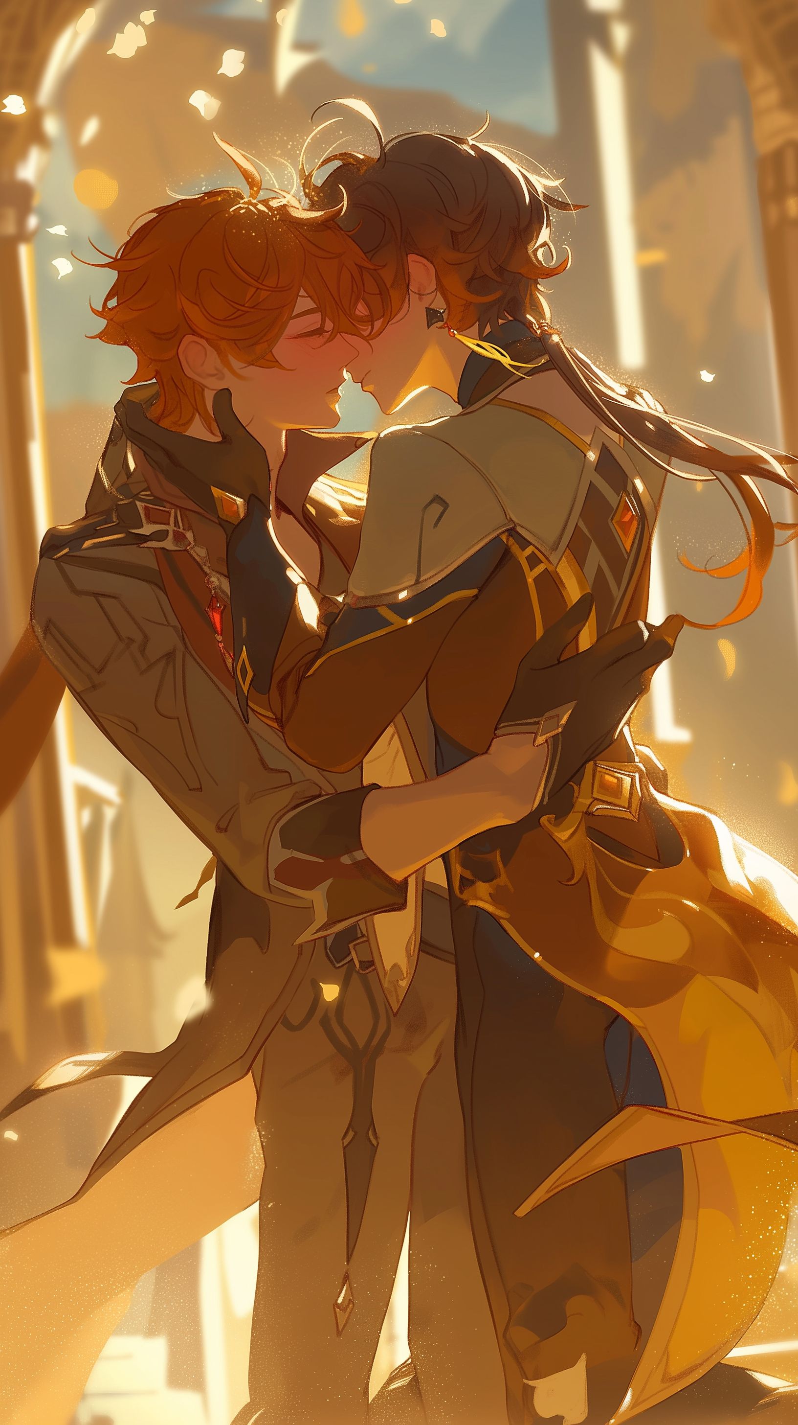 Prompt: Tartaglia kissing Zhongli on the lips from Genshin Impact, They are holding hands clearly in love with each other, blushing, infront of a golden temple pressed together --niji 6 --ar 9:16