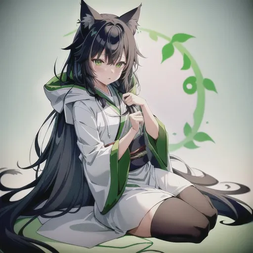Prompt: Full body Female catgirl wizard character wearing a long white and green traditional japanese clothes with a hood with cat ears on it, her black hair hangs out onto her small chest resting in the borders of the hood,  she has green eyes .